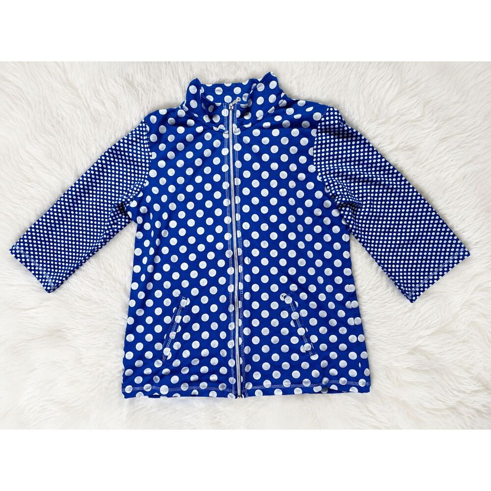 Onque Casual Women's L Blue White Polka Dot Full Zip Jacket Stretch Zip Pockets